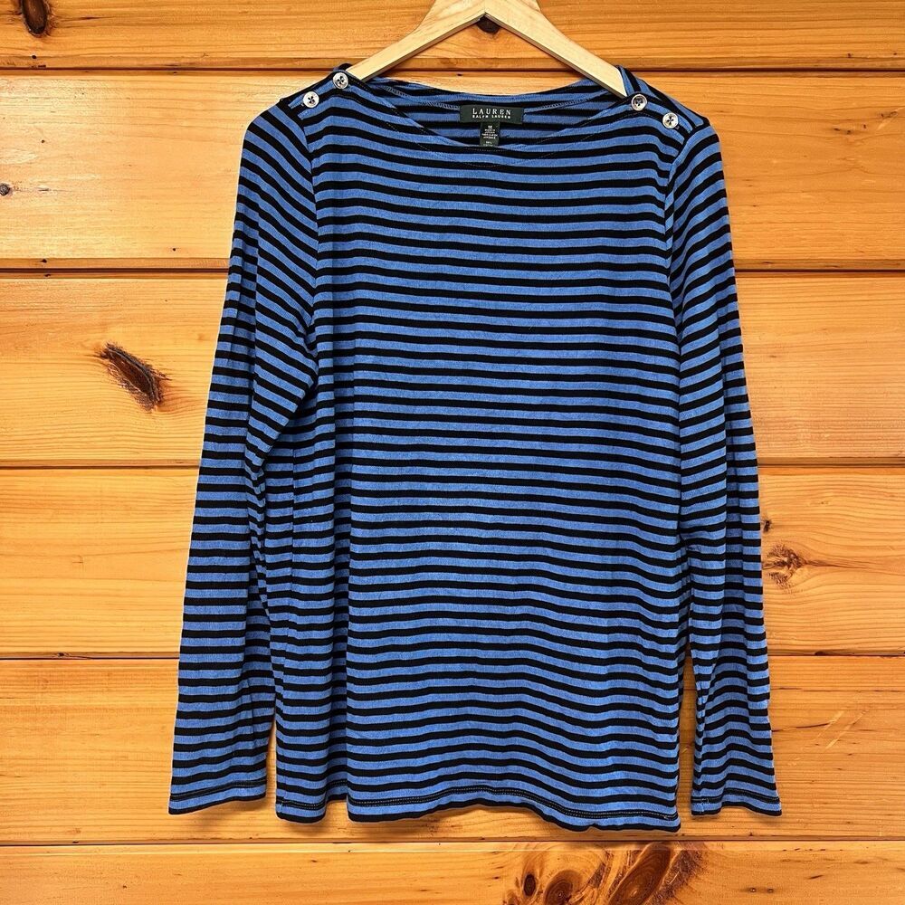 Lauren Ralph Lauren Blouse Womens 1X Blue Black Striped Knit Button Detail
